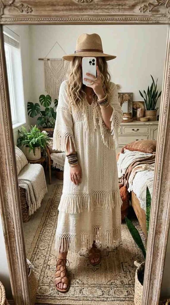 Ivory boho woven maxi dress with tiered fringe, straw hat, and lace-up sandals — woven fantasy dress to impress
