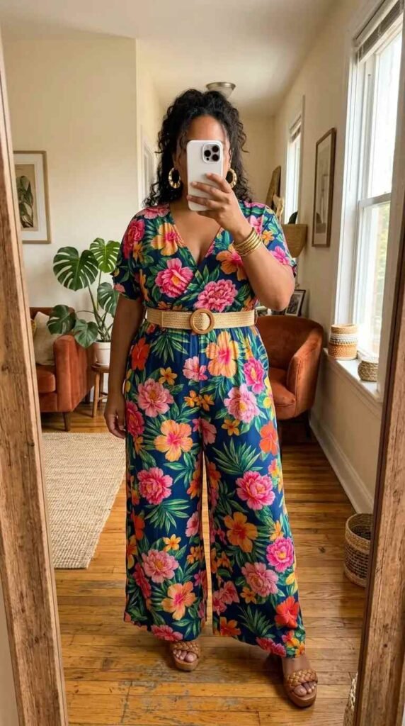 Bold tropical floral jumpsuit with rattan belt — summer artsy outfit ideas for plus size women, statement look.
