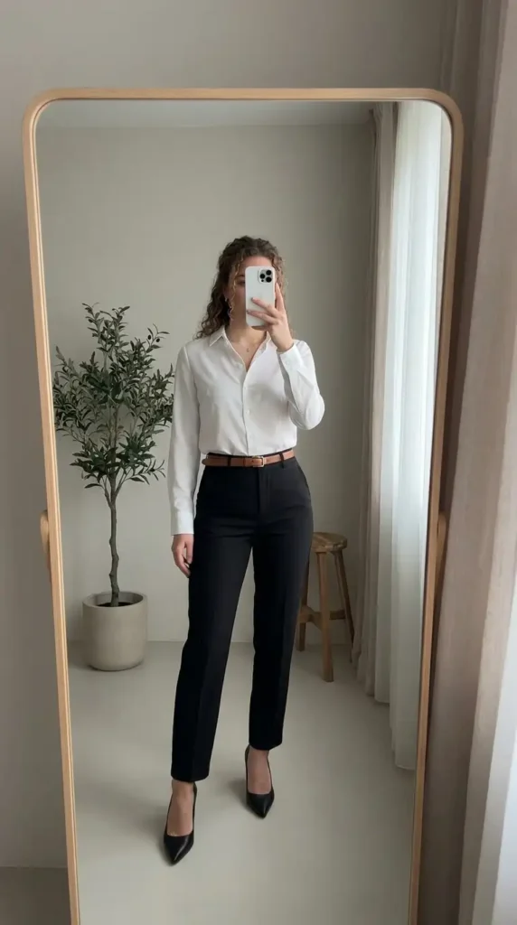 Classic white button-up blouse tucked into slim black trousers — a timeless black and white formal outfit idea.
