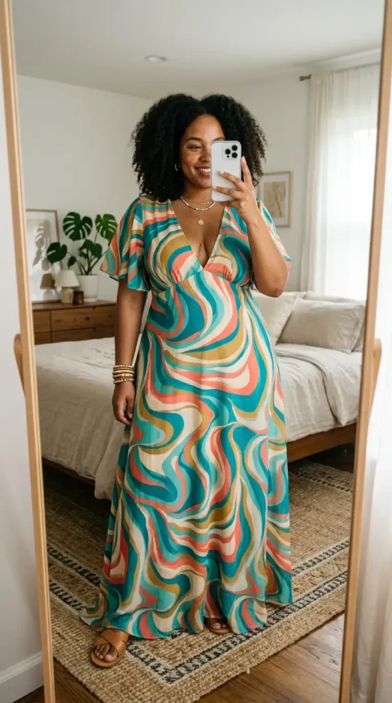 Swirl abstract maxi dress with flutter sleeves — summer artsy outfit ideas for plus size women, vibrant and flowy.
