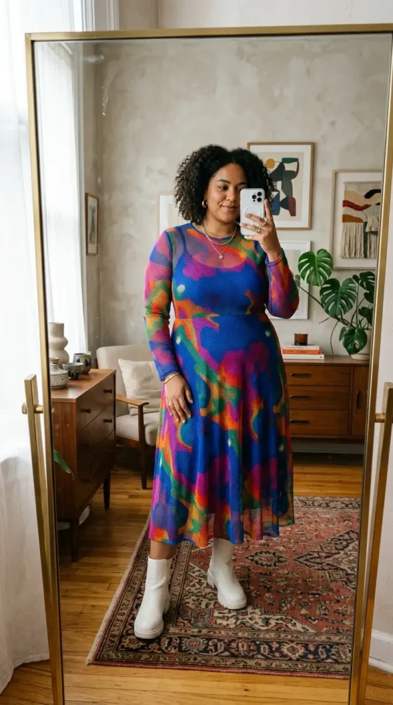 Rainbow mesh statement midi dress with white boots — summer artsy outfit ideas for plus size women, bold fashion.

