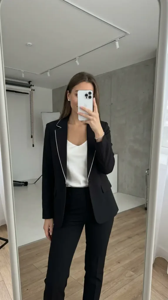 Monochrome black blazer suit with white lapel detail and cami — a refined black and white formal outfit idea.
