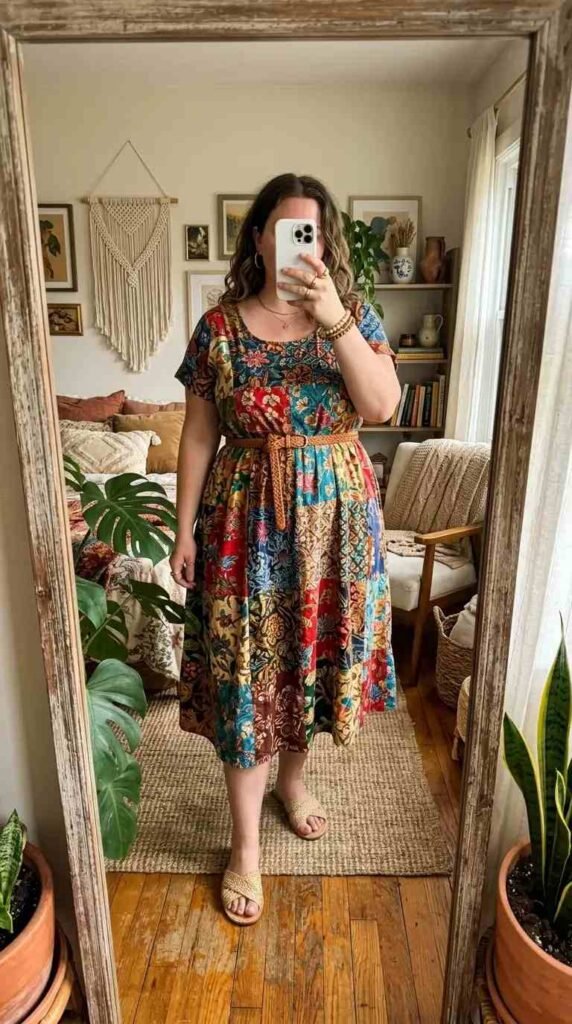 Patchwork floral midi dress with woven belt — summer artsy outfit ideas for plus size women, vintage boho style.

