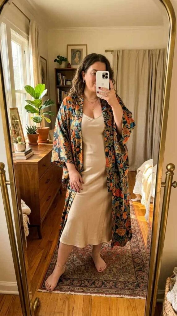 Floral kimono layered over a satin slip dress — summer artsy outfit ideas for plus size women, effortless layers.

