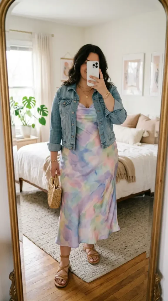 Pastel watercolor slip dress with denim jacket — summer artsy outfit ideas for plus size women, soft and dreamy.
