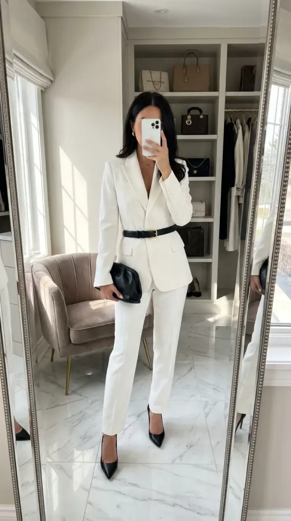 White tailored suit with black belt, heels, and clutch — a power-dressing black and white formal outfit idea.
