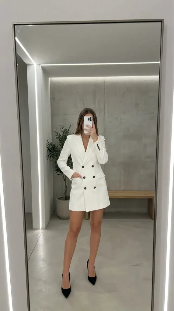White double-breasted tuxedo blazer dress with black heels — a statement black and white formal outfit idea.
