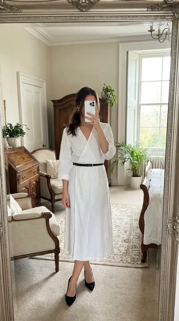 White wrap midi dress cinched with a black belt and black heels — an effortless black and white formal outfit idea.
