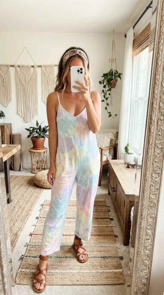 Pastel tie-dye jumpsuit with knotted headband — breezy hippie outfit ideas for women styled with strappy sandals.
