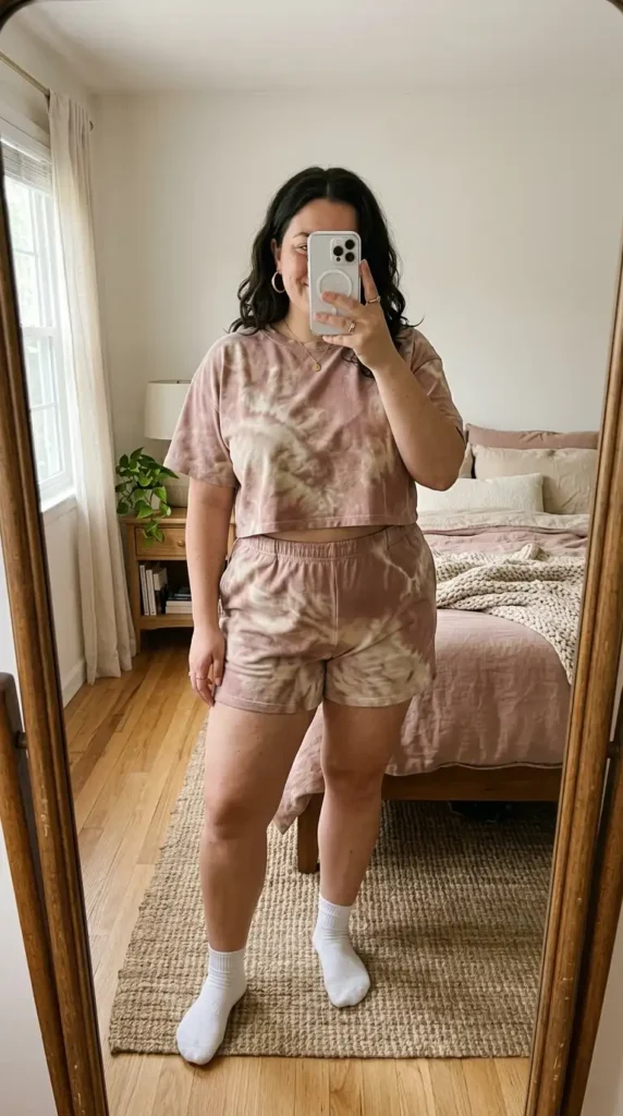 Dusty rose tie-dye matching lounge set — summer artsy outfit ideas for plus size women, cozy elevated style.
