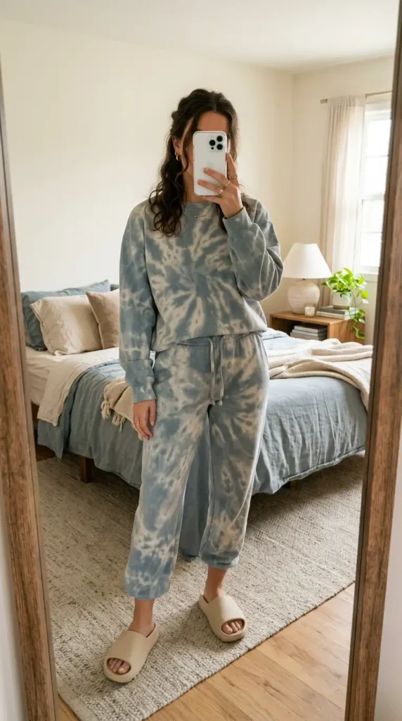 Artistic style outfits for women: elevated tie-dye lounge set in blue-grey with matching joggers and slides.
