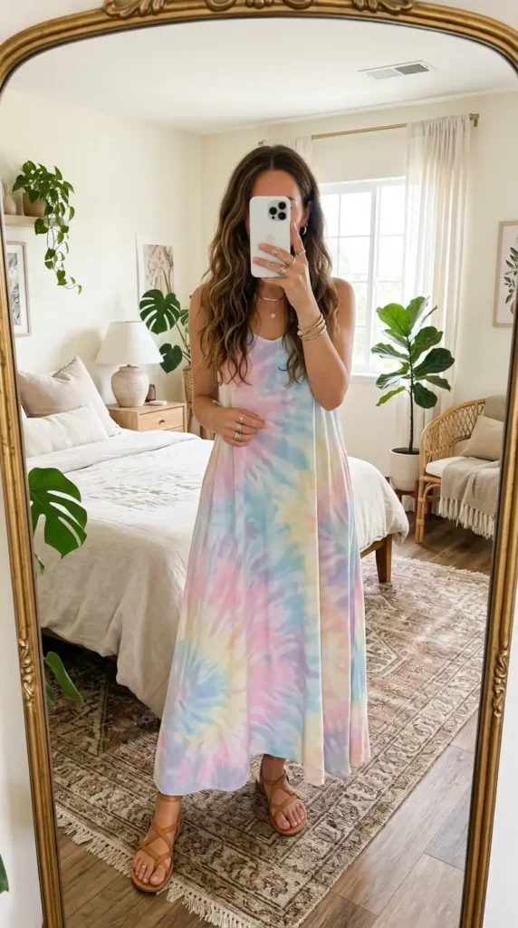Artsy summer outfit ideas: pastel tie-dye maxi dress with spaghetti straps and tan strappy sandals
