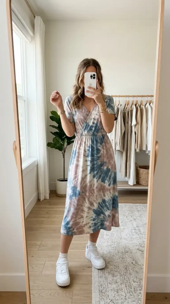 Blue and mauve tie-dye wrap midi dress with white sneakers — relaxed Summer Artsy School Outfits pick.