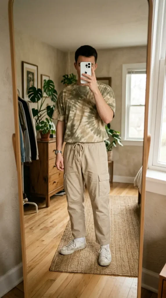 Earth-tone tie-dye tee with beige cargo pants — laid-back summer artsy outfits for men, mirror selfie
