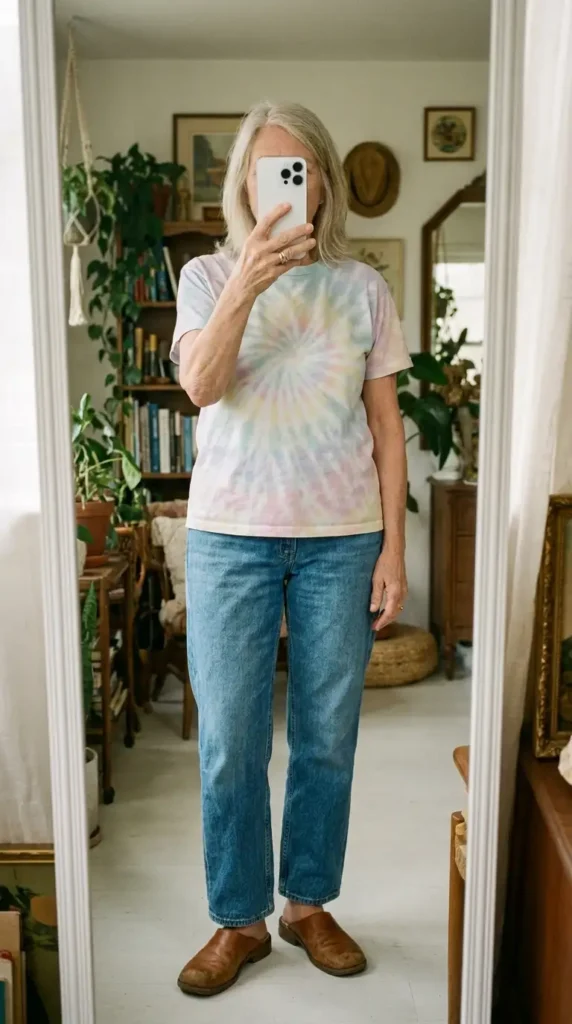 Boho grandma style in a pastel tie-dye tee paired with relaxed straight-leg jeans and brown leather mules