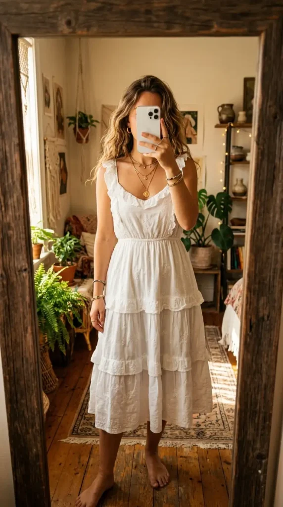 White tiered boho midi dress with ruffle straps — artsy summer outfit ideas with layered gold chains
