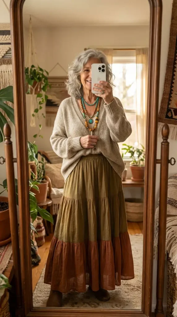 Hippie outfits she'll adore: tiered olive and rust boho maxi skirt with a chunky knit cardigan and bead necklace.