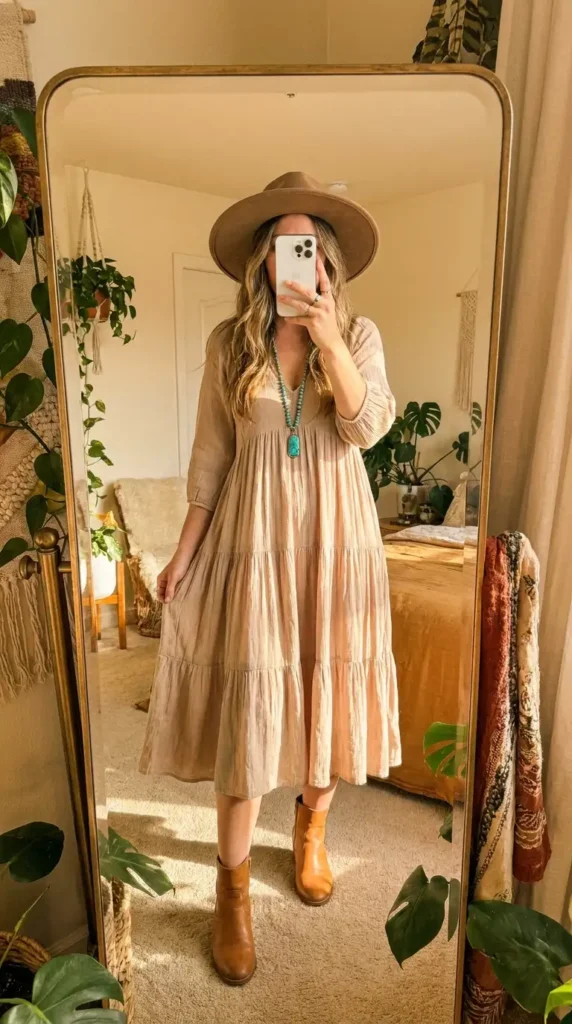 Tiered beige midi dress with wide-brim hat — effortless hippie outfit ideas for women paired with ankle boots.
