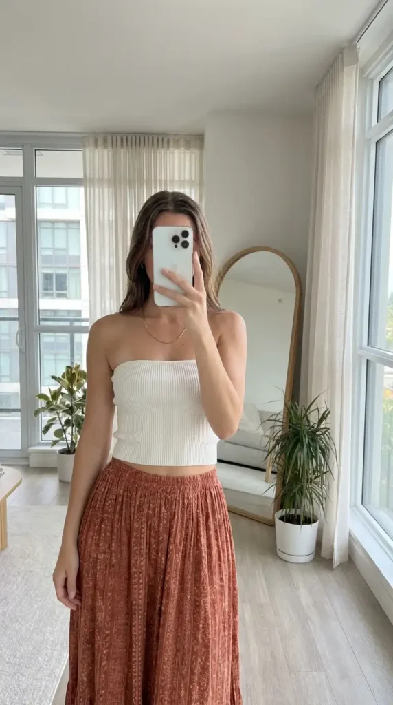 White ribbed tube top with rust boho maxi skirt — breezy summer family reunion outfit ideas for women
