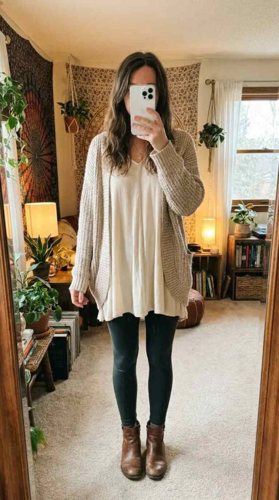 Cozy hippie outfit ideas for women: cream tunic over dark leggings, oversized knit cardigan & brown ankle boots.
