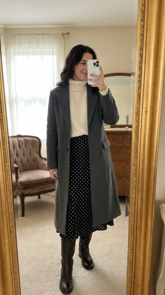 Black and white polka dot skirt outfits with a cream turtleneck sweater, grey long coat, and tall boots
