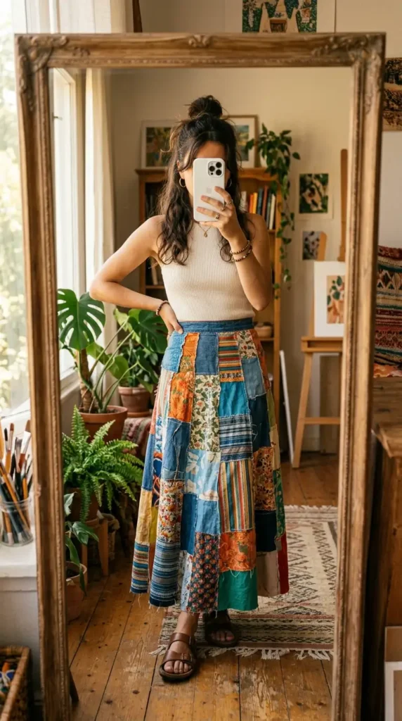 Artsy summer outfit ideas: upcycled colorful patchwork maxi skirt with a simple cream ribbed tank
