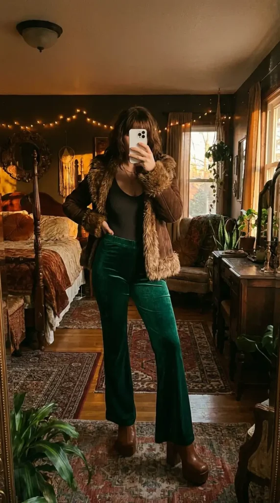Dark green velvet flares with fur-trim jacket — dramatic hippie outfit ideas for women channeling 70s glam style.
