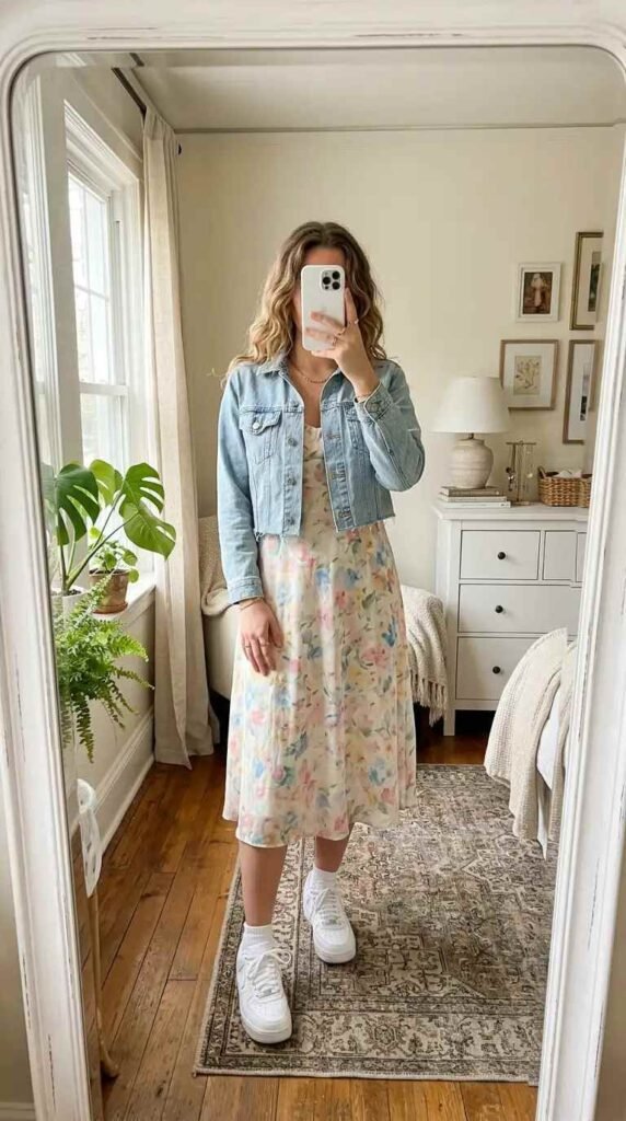 Watercolor floral midi sundress with denim jacket and white sneakers — fresh Summer Artsy School Outfits.