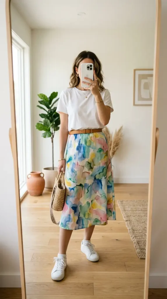 Artsy summer outfit ideas: white tee with a brown belt, pastel watercolor midi skirt and white sneakers
