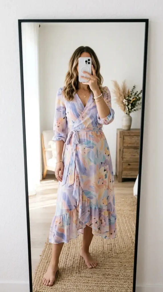 Artistic style outfits for women: pastel watercolor wrap midi dress with ruffle hem and tie waist.
