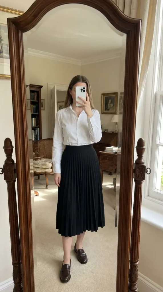 Crisp white button-up with a black pleated midi skirt and loafers — a refined black and white formal outfit idea.
