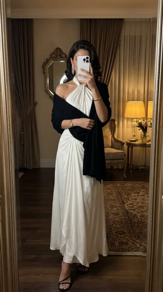 White halter maxi dress with a draped black wrap and chandelier earrings — an evening black and white formal outfit idea.

