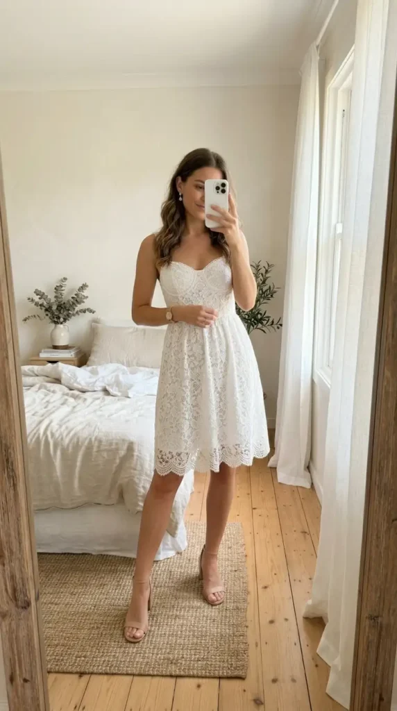 White strapless lace sundress — a classic and romantic summer wedding anniversary outfit idea for women.
