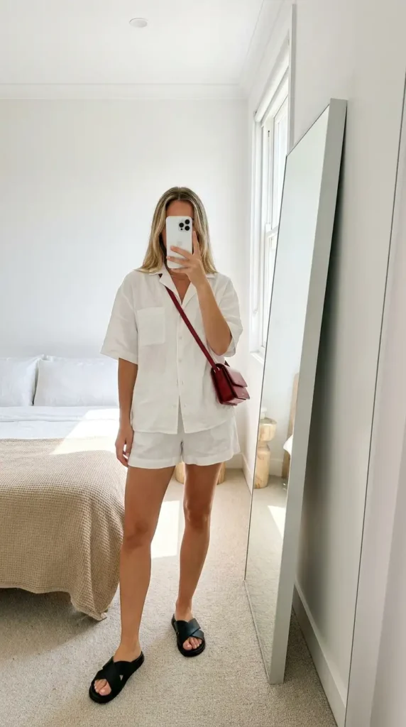 White linen shirt and shorts set with a red crossbody bag – easy red black and white outfit idea for summer

