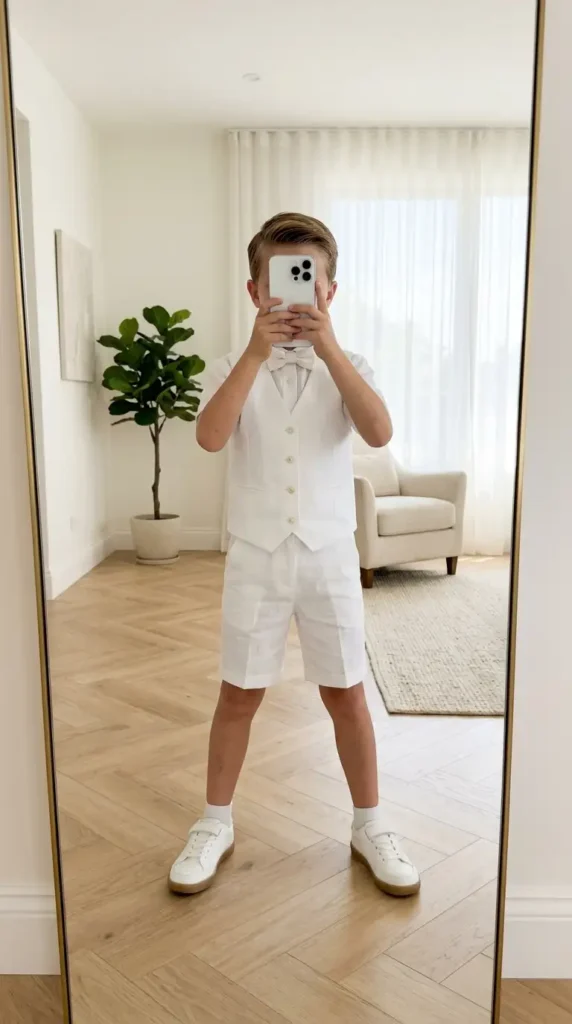 White linen shorts boys suit outfit idea for wedding summer with vest, bow tie, and white sneakers in a bright mirror selfie.