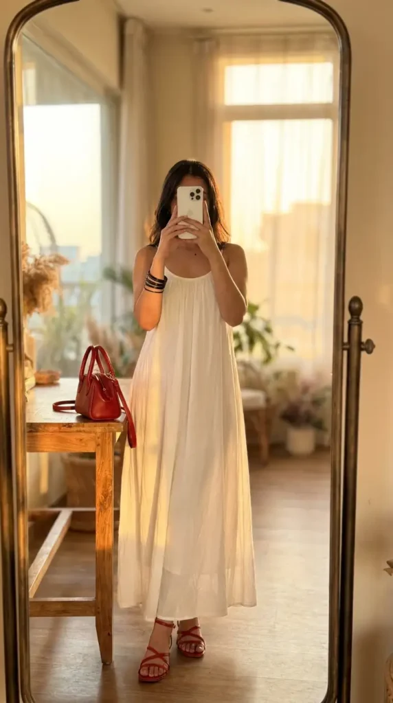 Flowy white maxi dress with red strappy sandals and red handbag – red black and white outfit ideas for summer
