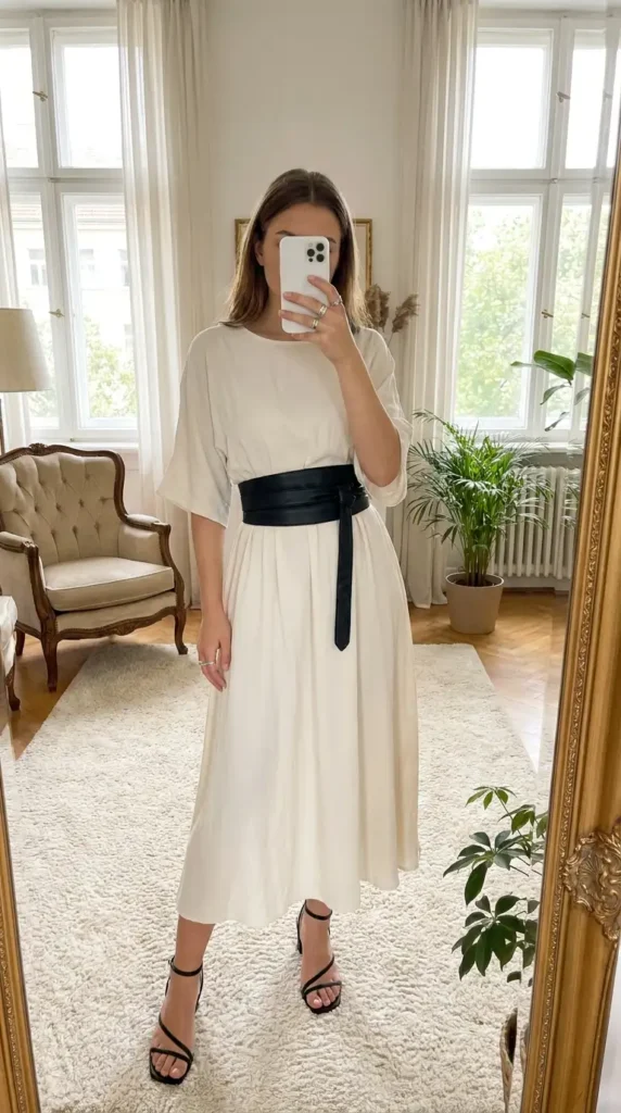 White midi dress with bold black obi belt and strappy heels — a sculptural black and white formal outfit idea.
