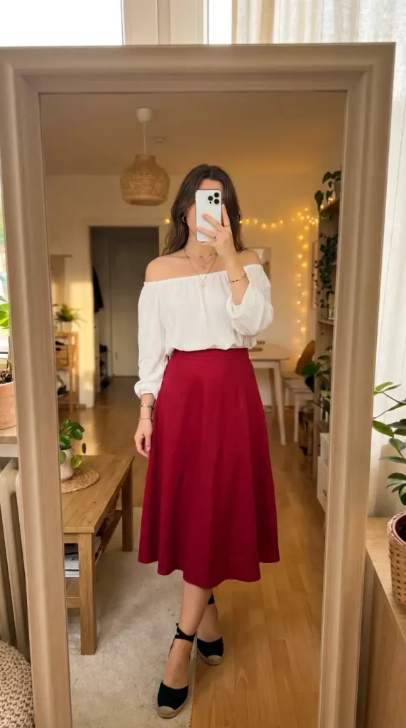 White off-shoulder blouse with a red midi skirt and black wedges – red black and white outfit ideas for summer
