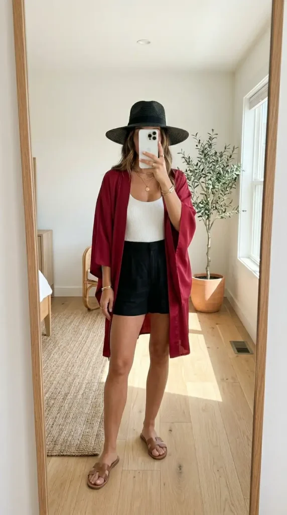 White one-piece tank with black linen shorts and a red kimono and black hat – red black and white summer outfit
