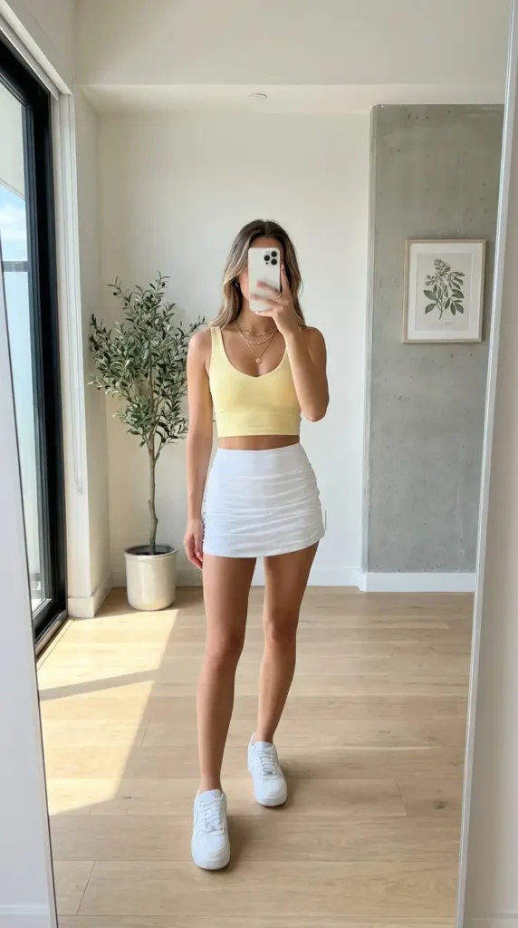 White mini rush skirt outfit idea paired with a yellow crop top and white sneakers for summer