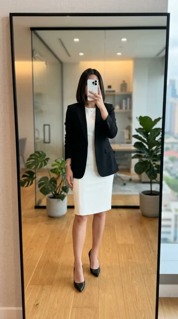 White sheath dress under a structured black blazer with pumps — a boardroom-ready black and white formal outfit idea.
