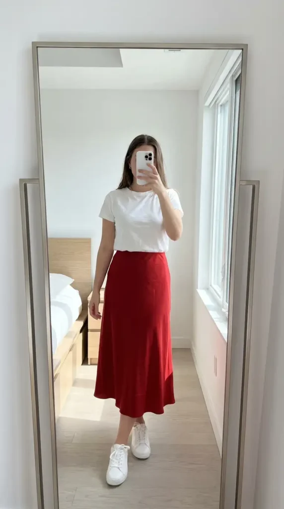 White crew neck tee with a red satin midi skirt and white sneakers – red black and white outfit ideas for summer
