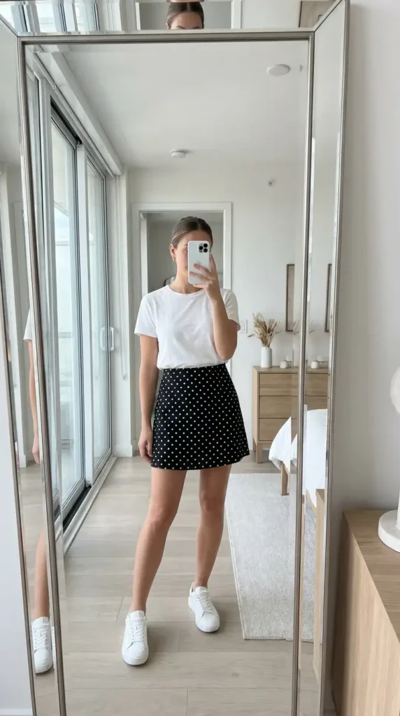 Black and white polka dot skirt outfits worn with a plain white tee and clean white sneakers for a casual look
