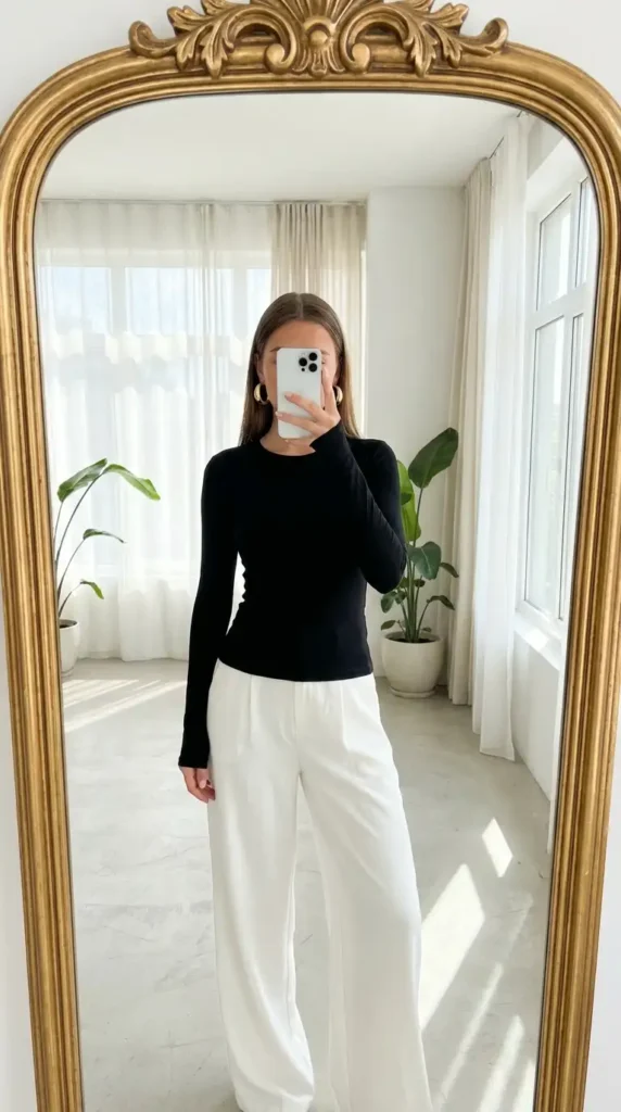 Black fitted long-sleeve top with white wide-leg trousers — a minimalist black and white formal outfit idea.
