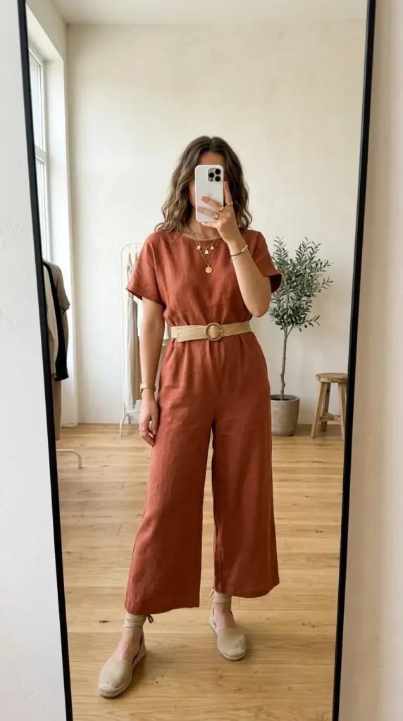 Rust linen wide-leg jumpsuit with woven belt and espadrilles — a chic Summer Artsy School Outfits idea.