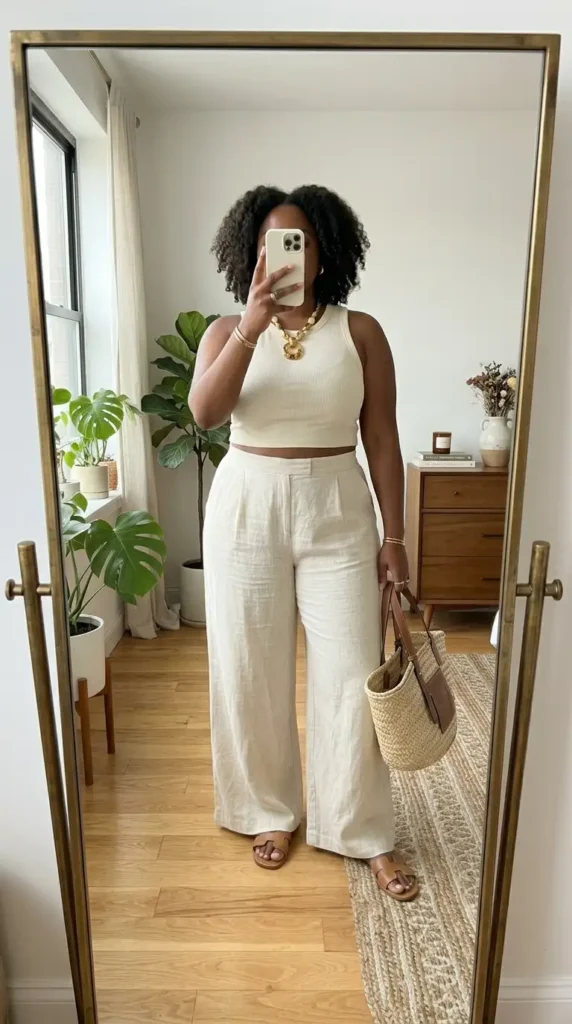 Wide-leg linen pants with ribbed crop tank — summer artsy outfit ideas for plus size women, clean minimal look.

