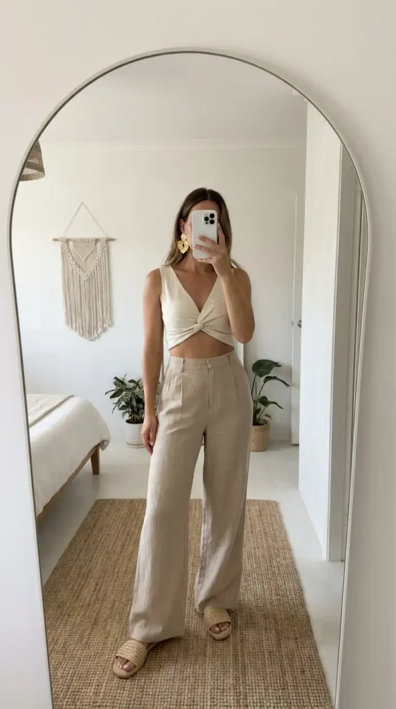 Neutral knotted crop top with wide-leg linen pants — minimalist hippie outfit ideas for women with woven sandals.
