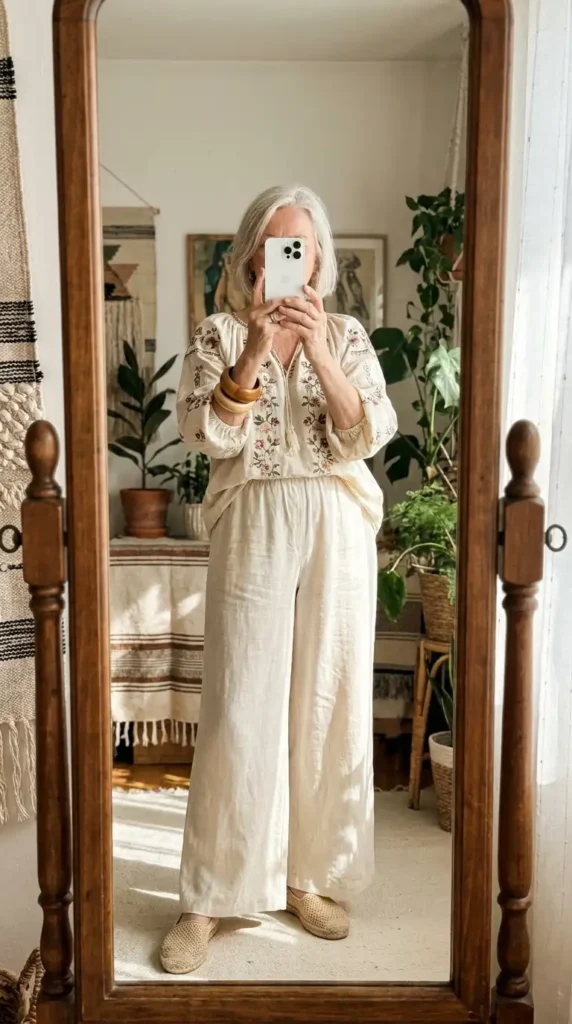 Boho grandma style in an embroidered peasant blouse with wide-leg cream linen pants and woven espadrilles.