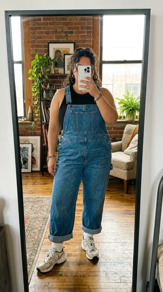 Wide-leg denim overalls with black crop top and sneakers — summer artsy outfit ideas for plus size women.
