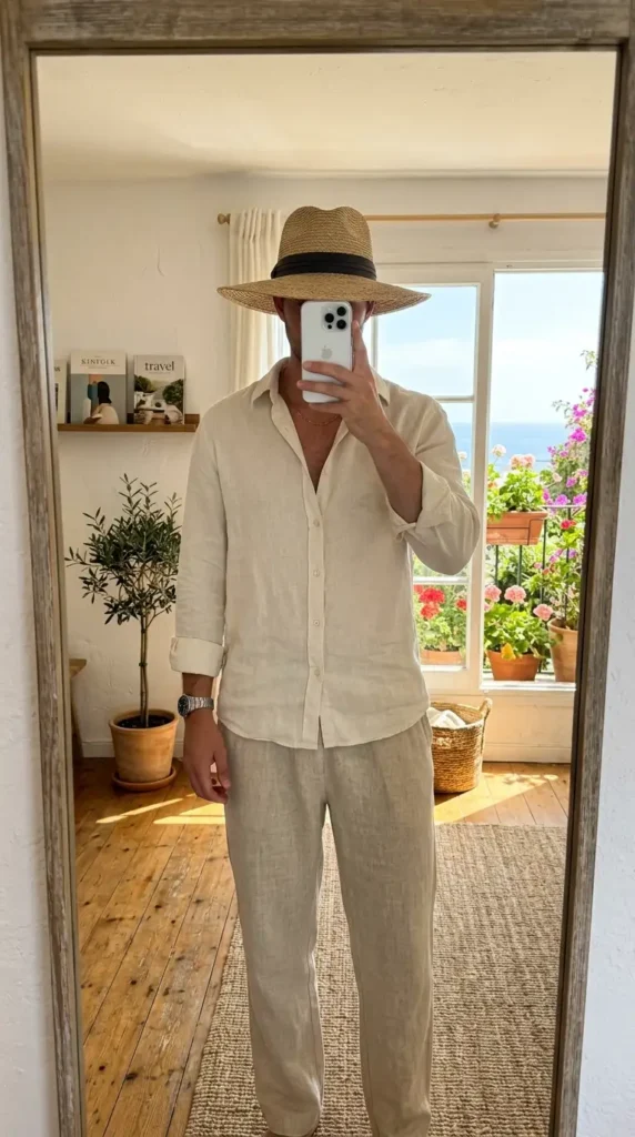 Wide brim straw hat with all-linen neutral co-ord — effortless summer artsy outfits for men, coastal mirror

